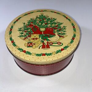Vintage Christmas‎ Tin Round Red Holiday Tree Toys Storage Container Decor